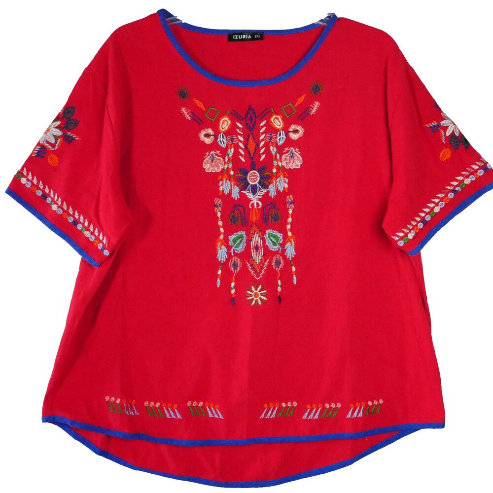 IZURIA Womens Size 2XL Red Floral Embroidered Short Sleeve Hi Low Top